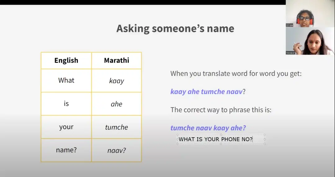 Screengrab of Noopur Learning Marathi Online with Shilpa Ma'am