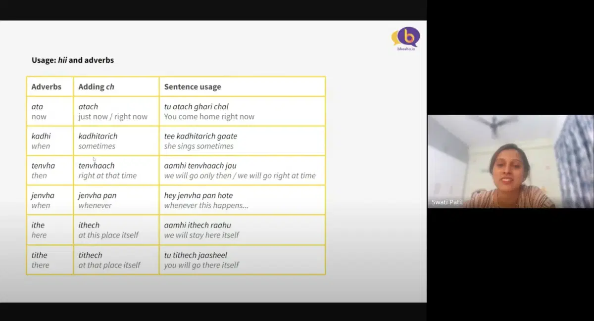 Screenshot of the live online Marathi classes with Swathi Ma'am