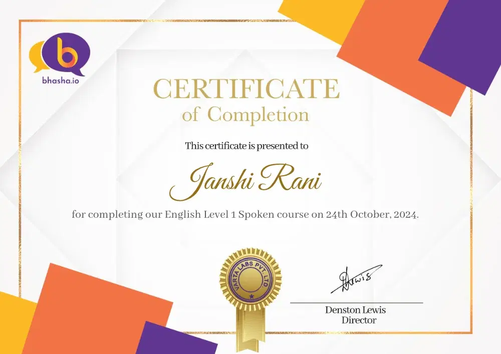 Scanned image of Bhasha.io's online english course certificate