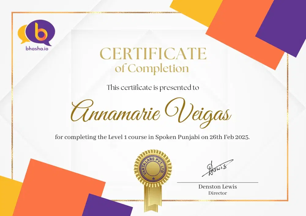 Scanned image of Bhasha.io's online punjabi course certificate