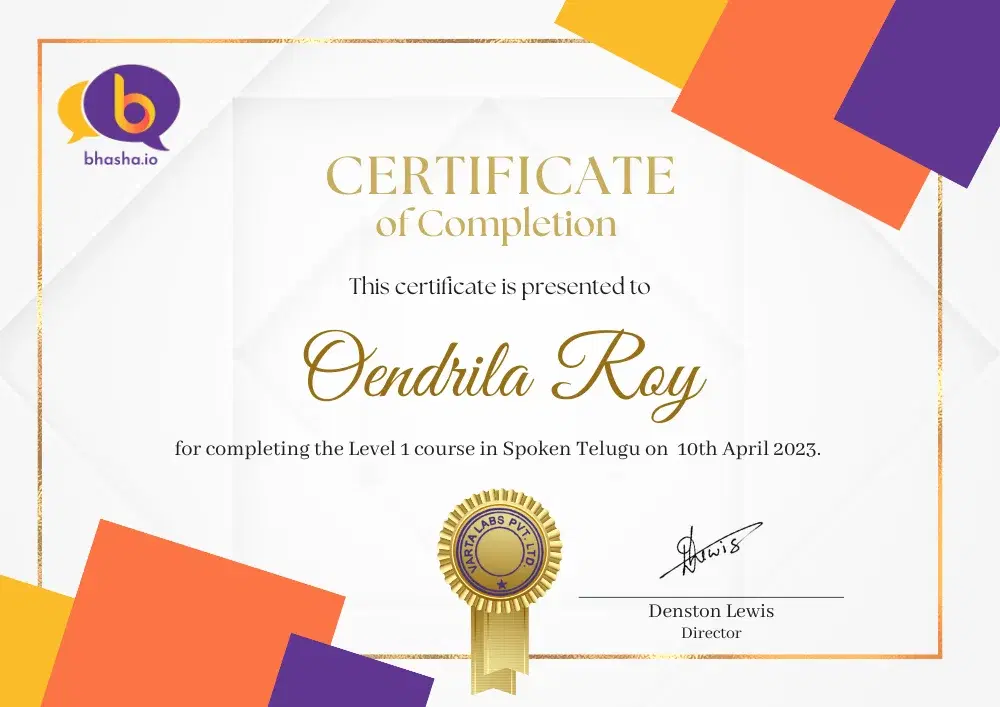 Scanned image of Bhasha.io's online telugu course certificate